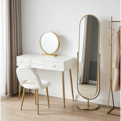 Toeletta con specchio e sgabello 100x40x122 cm bianco e oro in MDF e metallo con LED e 3 cassetti (1/5)