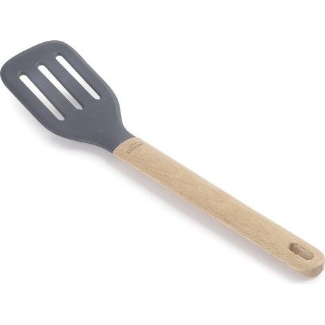 Lacor 68186 - Spatola perforata in silicone Unite, paletta professionale, manico in legno di faggio, non dance la padella, resistente alle alte temperature, senza BPA, 34 x 7,5 x 10,5 cm, grigio (1/4)