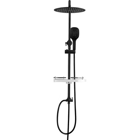 Colonne de douche en acier inoxydable sans mitigeur robinet, Ensemble de douche pluie avec barre de douche réglable en hauteur, pommeau 25 cm et étagère de douche noir (1/5)