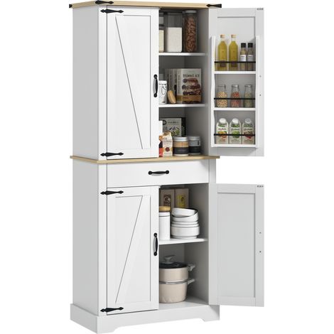 Weißes Küchenmöbel 76,5 x 40 x 181 cm, 4-türiges Sideboard, 6 Einlegeböden, 1 Schublade, verstellbare Einlegeböden, hoher Schrank für das Esszimmer, modernes Design.
