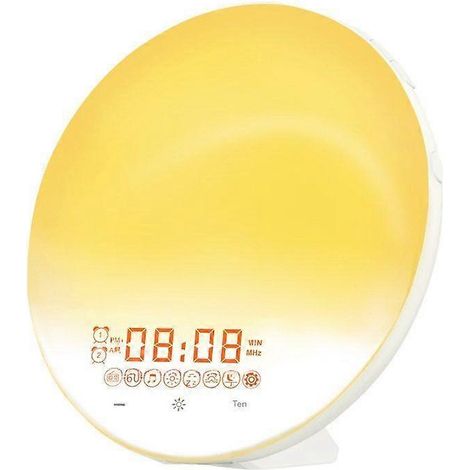 Un réveil avec radio FM, lampe de réveil, double fuseau horaire, lumière d'ambiance colorée, affichage 24 heures et veilleuse apaisante. (1/4)