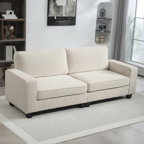 Canapé 3 places 227/84/87 cm crème blanc en tissu côtelé avec ressorts et accoudoirs (1/5)
