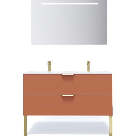 Meuble de salle de bain suspendu double vasque intégrée 120cm 2 tiroirs Terracotta + miroir - Venice (1/5)