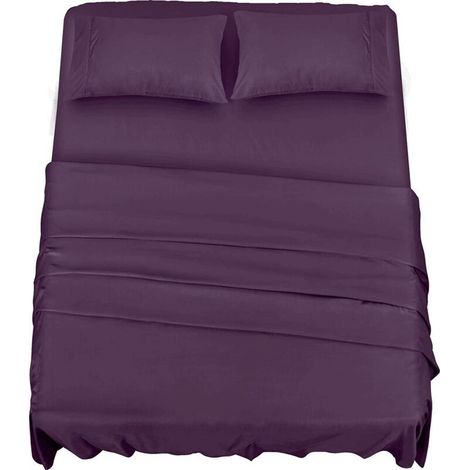 Polyester Microfibre Parure de lit (4 pièces, Pourpre) - 1 Drap Housse 150x200cm, 1 Drap Plat 266x259cm et 2 Taies d'oreiller 50x75cm (1/4)
