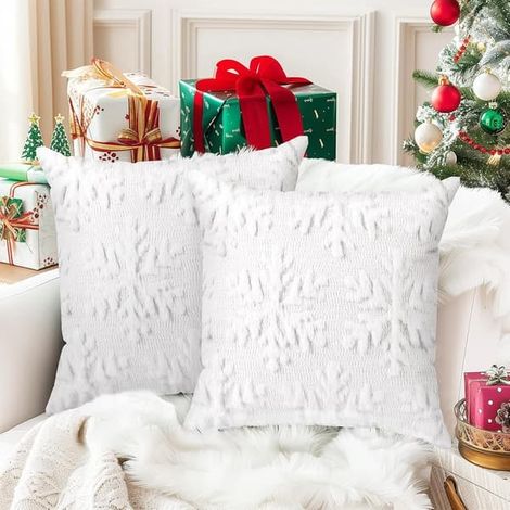 Housse de coussin de Noël à motif flocon de neige, blanche, 45 x 45 cm, lot de 2 (1/5)