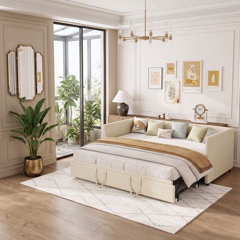 Superaly Lit gigogne 90x200/180x200 cm, Canapé-lit en velours capitonné, Structure en bois et métal, Sommier à lattes, Convertible en lit double, Style moderne scandinave, Beige (1/5)