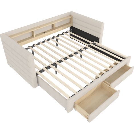 Letto daybed estraibile 90 x 190 cm in velluto beige con USB C LED e 2 cassetti (1/5)