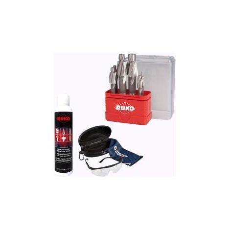 RUKO Jeu de fraises à embouts plats DIN 373 HSS, 6 p.c., M3–M10 avec spray et lunettes de protection