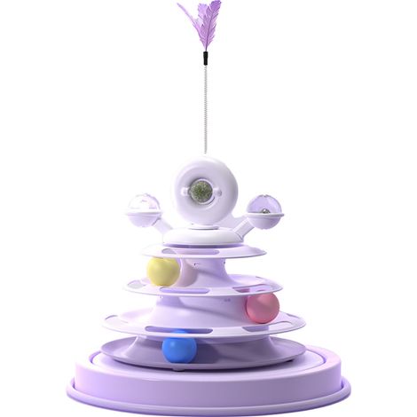 Tour à boules pour chat, jouet avec plumes, herbe à chat, Rail à 4 couches, plateau tournant pour animaux de compagnie, jeu pour l'exercice, violet (1/5)