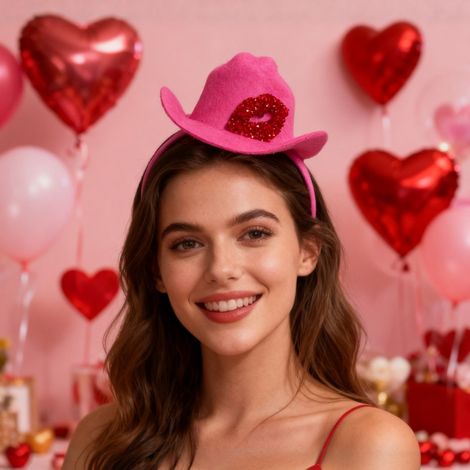 Diadema rosa de San Valentín, mini sombrero de vaquero con forma de labios, diadema, tocado decorativo para adultos (1/2)