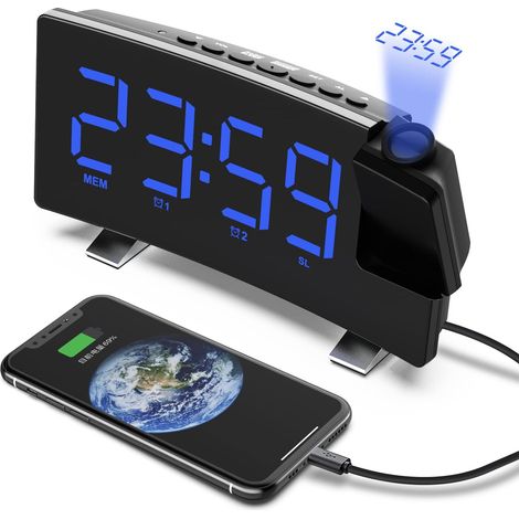 Radiosveglia con proiezione, sveglia con proiezione a soffitto a 180°, orologio digitale FM USB con doppia sveglia, timer di spegnimento, formato 12/24 ore, (blu)