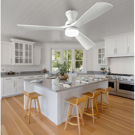 Ventilatore da soffitto con luce 52 pollici, 3 pale in legno, telecomando, bianco HAVRYA (1/5)