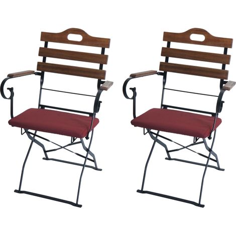 Set 2 sedie da esterno HHG-122, pieghevoli giardino, qualità gastronomica Acacia, marrone chiaro, cuscino rosso