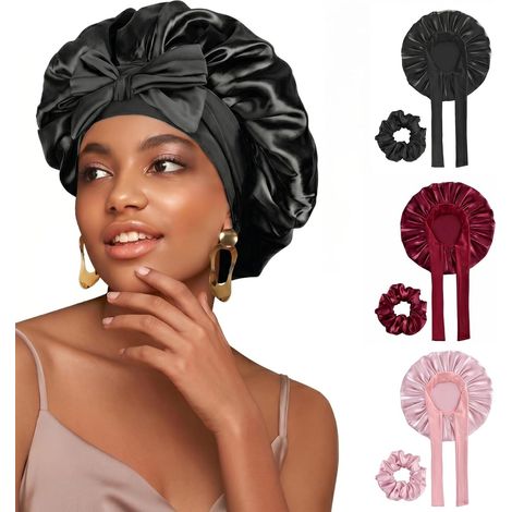 Bonnet de Nuit en Satin Lot de 3 - Charlotte Cheveux Nuit pour Cheveux Bouclés & Frisés, Taille Universelle Confortable avec Bande Élastique, Inclus 3 Chouchous Assortis, Noir/Rouge/Rose (1/5)