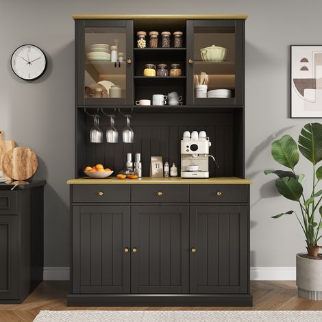 Buffet haut 120x40x191 cm noir avec portes vitrées, porte-rouleaux et prises USB (1/5)