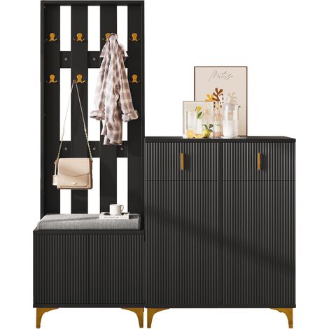 Ensemble D'entrée Noir Avec Banc Coussiné, Meuble à Chaussures 2 Tiroirs Et Portemanteau Doré (1/5)