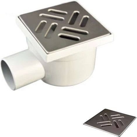 Siphon de Sol 150 x 150 mm, Sortie Horizontale ø50 avec grille en acier inoxydable de haute qualité, drain d'évacuation inox latérale en polypropylène (1/2)