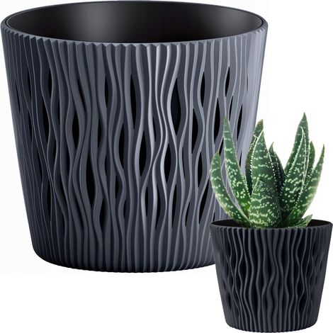 DSR190-S433 VASO DA FIORI TRAFORATO ANTRACITE CON COPERCHIO INSERTO 3L ROTONDO SABBIA