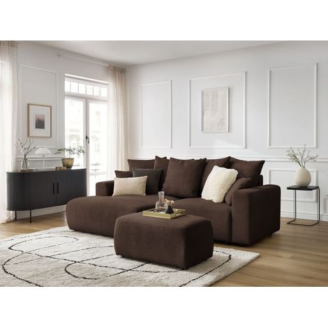 BOBOCHIC - Canapé d'angle convertible coffre ATILLA velours côtelé avec pouf Angle gauche Marron (1/5)
