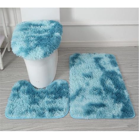 Ensemble de 3 pièces comprenant un couvre-siège de toilette, un tapis de bain gris et rouge, et un tapis de sol. (Couleur : Bleu)
