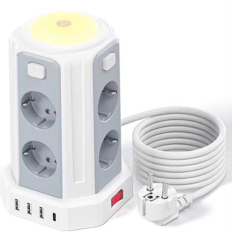 12 en 1 Multiprise avec Interrupteur (3600W/16A), 3M Tour Multiprise with 4 USB Ports and 8 Sockets, avec Lumière pour Le Bureau et la Maison (1/5)
