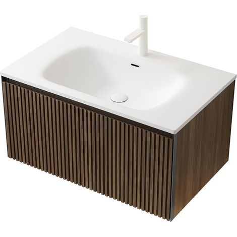 Meuble vasque mural 80 cm avec vasque rectangulaire blanche en céramique et placage chêne brun à rayures, tiroir intégré, préassemblé (1/5)