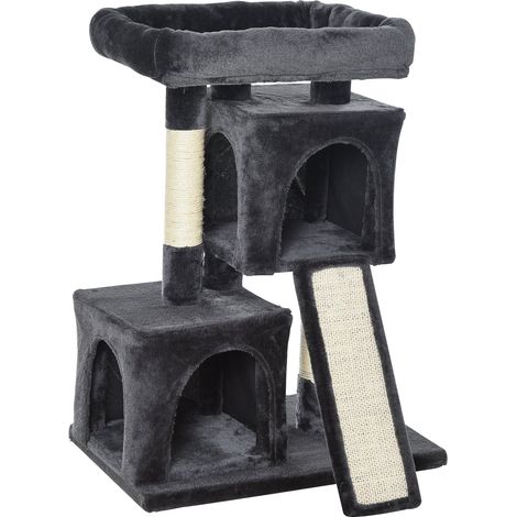 Albero Tiragraffi con Lettino e 2 Casette 59x39x83 cm Pali in Sisal Nero (1/5)