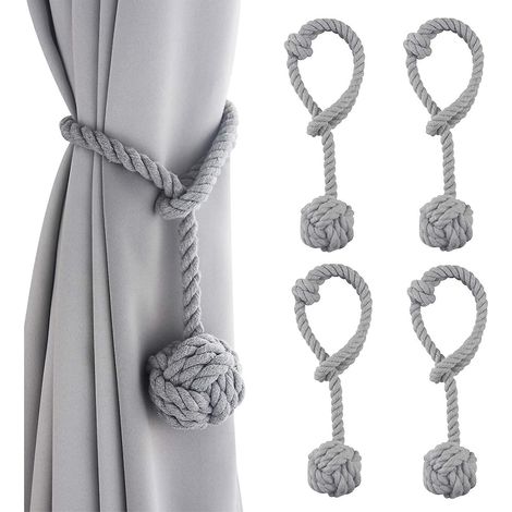 Lot de 4 embrasses décoratives en corde de coton faites main, avec nœuds et pompons. Accessoires pour la maison. (1/4)