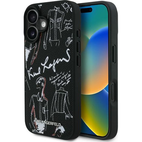 Funda MagSafe Karl Lagerfeld con estampado granulado y logotipo para iPhone 16, color negro. (1/5)