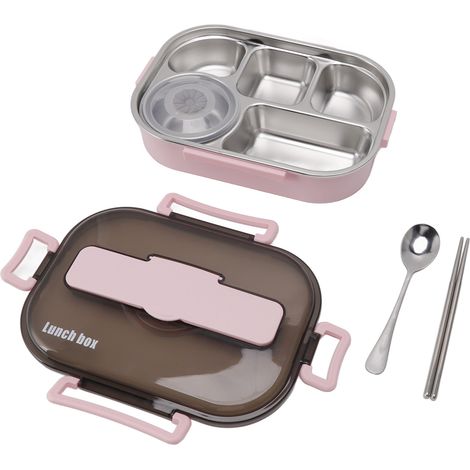 Boîte à lunch isotherme en acier inoxydable avec bol à soupe, baguettes et cuillère, rose, pour adultes et enfants. (1/5)