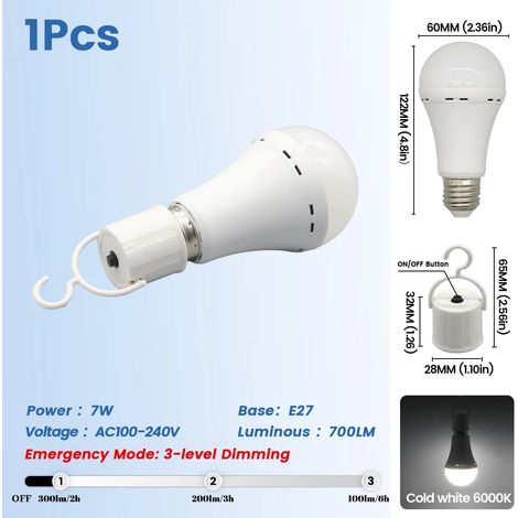(1 unité, 7W) Ampoule LED rechargeable, E27, 1500mAh, pour une utilisation d'urgence, convient aux pannes de courant et au camping en plein air. (1/5)