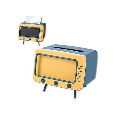 Gelbe Taschentuchbox-Hülle (18,5 x 14,5 x 16 cm) Retro-TV-Handyhalter für alle Handys, einzigartiger Multifunktions-Taschentuchboxhalter für Küche und Schlafzimmer