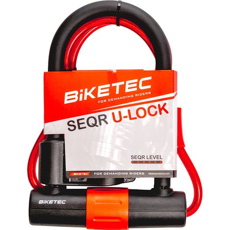 Antivol en U BIKETEC SEQR avec câble de 10 mm de diamètre et 1,2 m de longueur. Cadenas de 180 mm x 260 mm inclus, 3 clés et anse de 16 mm.