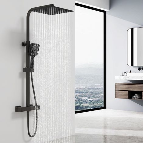 AICA colonne de douche thermostatique avec douche de tête carré de 300 mm, douchette à main 3 fonctions, hauteur réglable,noir (1/5)