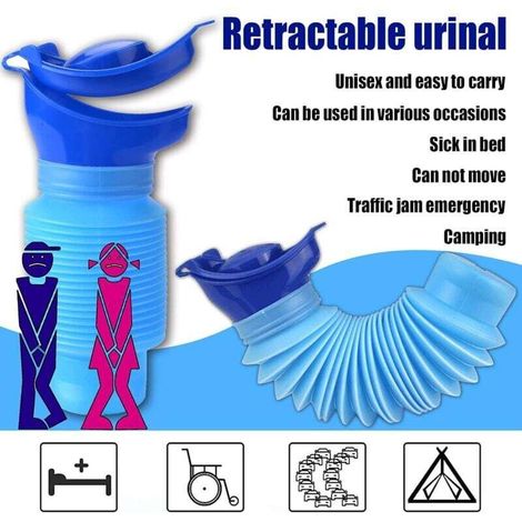 Urinoir rétractable, Urinoir Portable pour Homme et Femme, Dispositif de miction d'urgence adapté aux Voyages, au Camping et à la Marche, Bouteille d'urinoir réutilisable (bleu, 18/34cm)