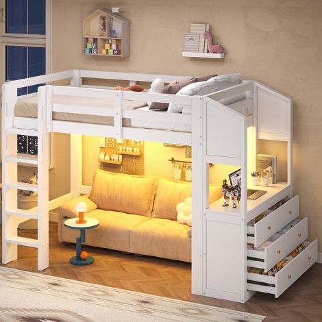 Hochbett 90 x 200 cm mit 3 Schubladen, Regalen und LED, Weiß HAVRYA (1/5)