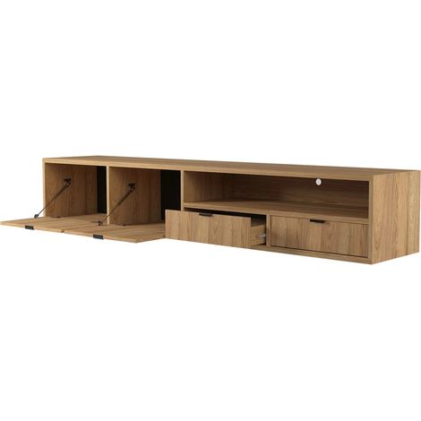 Mobile Porta TV Contemporaneo Con 2 Ante A Ribalta 2 Cassetti E Vano A Giorno Con Passacavo Per Soggiorno 200 X 55 X 40 Cm Rovere (1/5)
