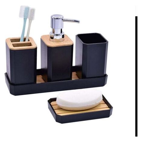 5 Pièces Ensemble d'Accessoires de Salle de Bain Accessoire pour Salle de Bain en Bambou avec Bouteilles de Lotion, Porte-Brosse à Dents, Gobelet à Dents, Porte-Savon, Plateau (Noir) (1/4)