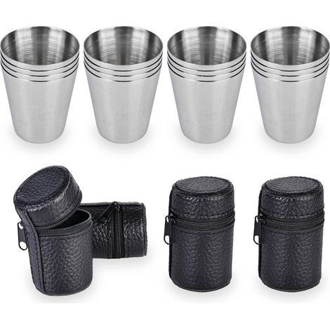 Stainless Steel Shot Glasses, 16 Pcs 30ml Mini Stainless Steel Camping Cups, Liquor Glasses with 4 Leather Cases, Stainless Steel Liquor Cups for Travel, Camping, Drinking Beer, Whiskey (1/5)