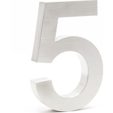 Wiltec Número de casa "5" acero inoxidable 20 cm moderno diseño 3D tipo Arial para fachadas y exteriores de casas de casas, material de montaje incluido (1/4)