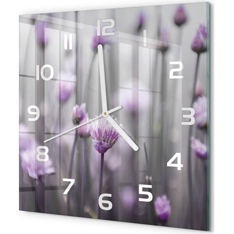 Horloge Murale Carrée Déco Moderne en Verre Silencieuse Salon Cuisine Fleurs de ciboulette 30x30 cm (1/5)