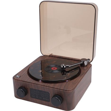 Enceinte stéréo avec effet lumineux ondulé et affichage de l'heure, platine vinyle rétro, Bluetooth, idéale pour chambre ou studio, finition bois. (1/5)