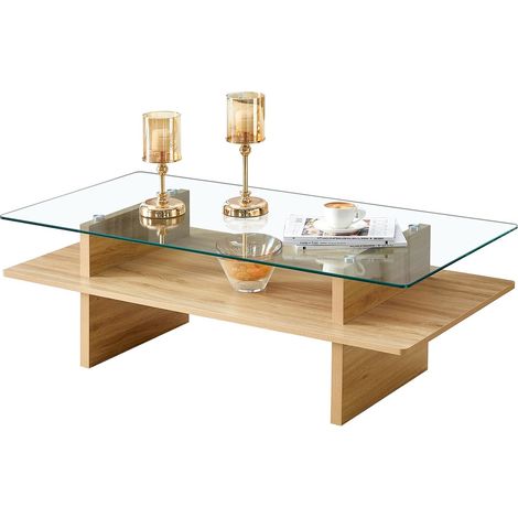 Table Basse 2 Niveaux 115x55x40 cm - Plateau Verre Trempé + Étagère MDF Bois Naturel - Structure Métal - pour Salon, Bureau - Bois Naturel (1/5)