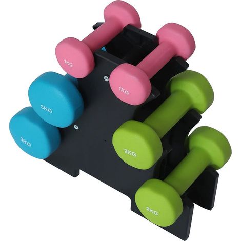 TRADE SHOP - Set 6 Manubri Palestra Con Stand Appoggio 2x1kg +2x2kg +2x3kg Pesi Sport Fitness - (1/5)