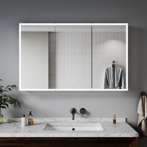 ELEGANT LED Bathroom Cabinet Stainless Steel Cupboard Mirror Cabinet with Shavor Socket Touch Sensor 1050x650X125mm 3 Doors Design Dimmable Bluetooth
