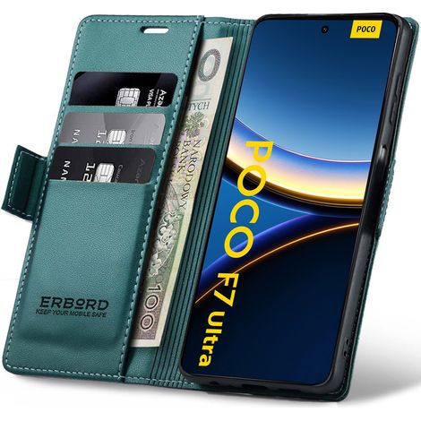 Funda Xiaomi Poco F7 Ultra, tipo cartera con tapa abatible color lichi brillante, verde. (1/5)