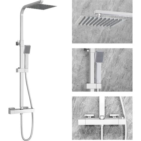 SKY Bathroom Thermostatic Exposed Shower Mixer Set Square Chrome Twin Head (1/5)