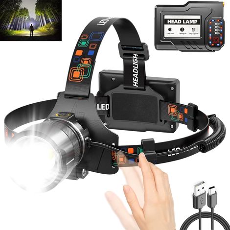 Lampe frontale rechargeable, lampe frontale LED ultra-lumineuse de 900 000 lumens, angle réglable à 125°, lampe frontale étanche pour adultes, adaptée au cyclisme et au camping, prend en charge le rég