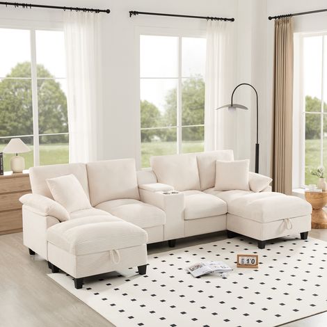 Canapé en U 4 places 293x142x93 cm velours côtelé beige avec double USB, porte-gobelets inox et rangements