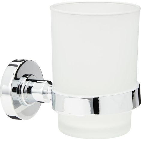 Gobelet Verre à dent Porte Brosse à dent pour Salle de Bain Rond Fixation Mur Finition Blanc et Chrome